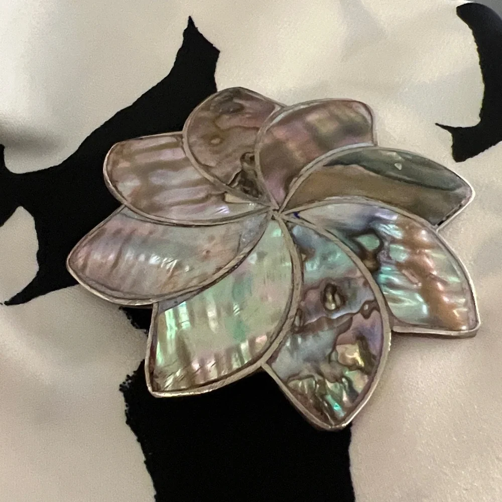 Abalone Sterling Silver Pendant Brooch Pin Inlaid Flower Alpaca Silver Mexico